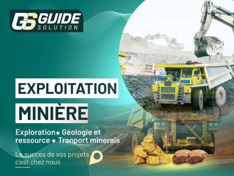 Visuel Guide Solution « Exploitation minière » : pelle et camions-bennes sur une mine à ciel ouvert, avec la mention « Exploration, géologie et ressource, transport minerais »